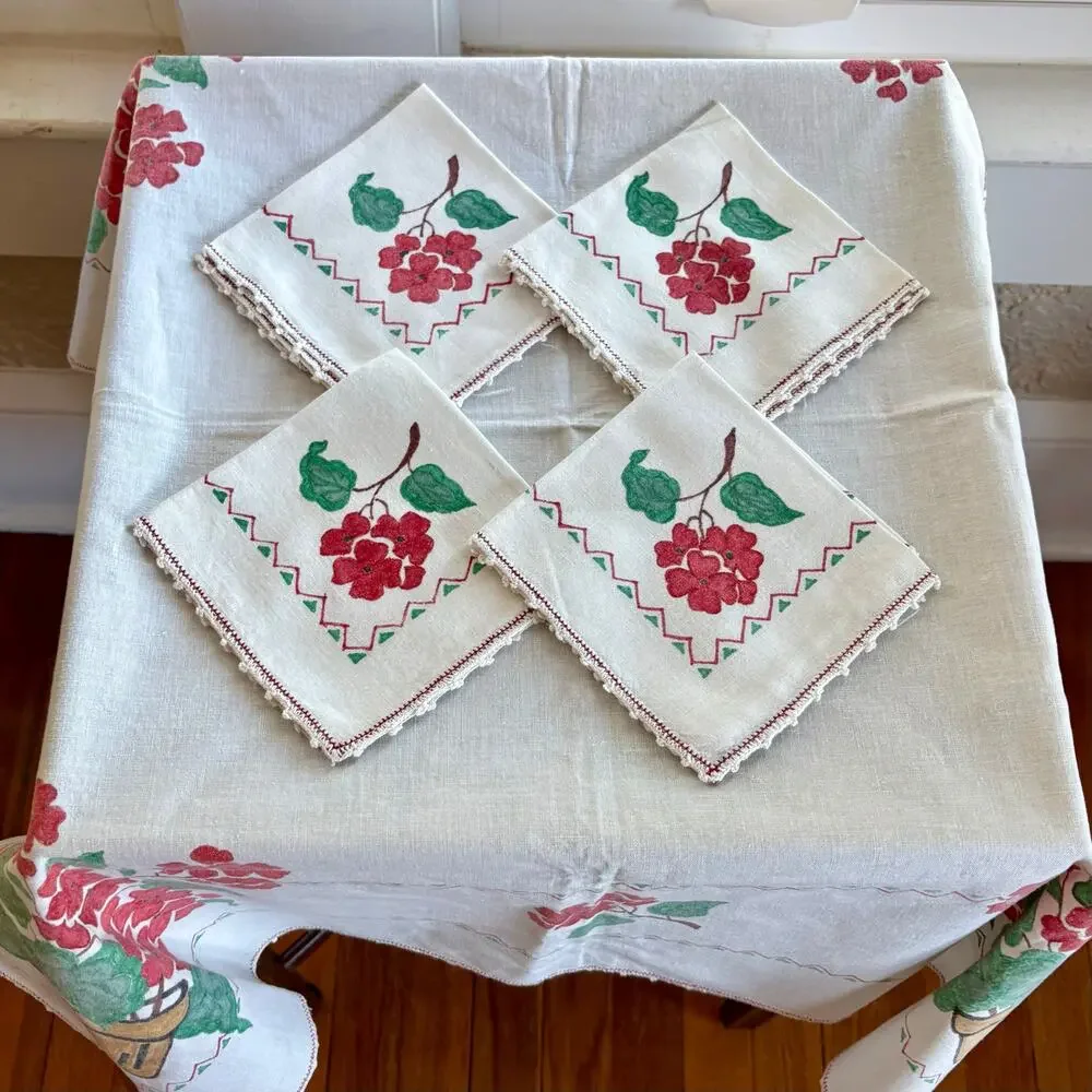 Vintage Hand Painted Tablecloth Napkin Set Red Flowers Cottage Style